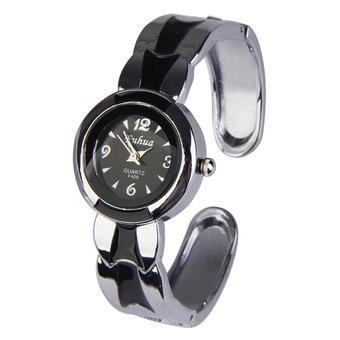 Round Black Dial Quartz Analog Bracelet Wristwatch Silver Charm Bracelet  