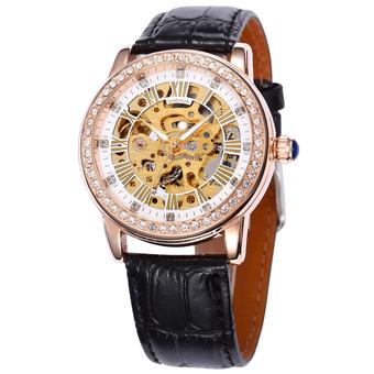 SHENHUA WSH331 Luxury Skeleton Automatic Mechanical Leather Band Womens Rhinestone Dress Watch (Black) (Intl)  