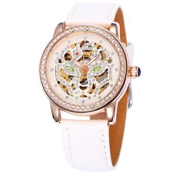 SHENHUA WSH340 Elegant Rhinestone Automatic Mechanical Skeleton Women Dress Watch Leather Strap (White) (Intl)  