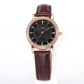 SINOBI Brand Girls Crystal Quartz Watches Rose gold Case Brown Leather Waterproof 8156L02- Intl  