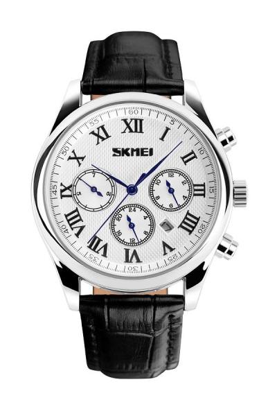 SKMEI 9078 Black-White Rotator - Jam Tangan Pria - Tali Kulit - Hitam