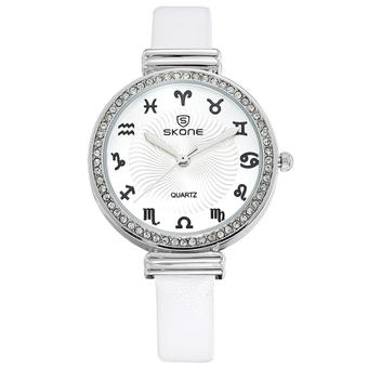 SKONE 12 Constellations Scale Rhinestone Dial Fashion Women Quartz Watch with Leather Band(White)  