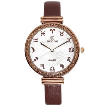 SKONE 12 Constellations Scale Rhinestone Dial Fashion Women Quartz Watch with Leather Band(Coffee)  