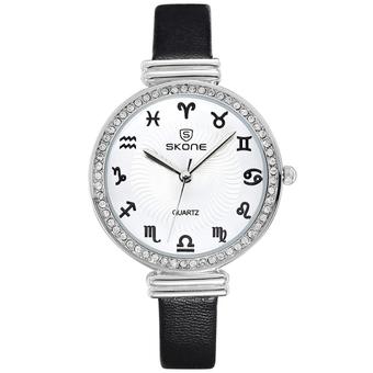 SKONE 12 Constellations Scale Rhinestone Dial Fashion Women Quartz Watch with Leather Band(Black)  