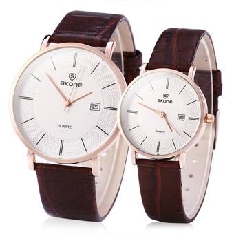 SKONE 5016 Ultrathin Quartz Couple Watch with PU Leather Strap (Intl)  