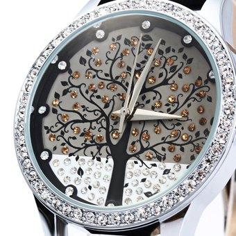 SKONE 5082 Women Quartz Imitation Diamond Wrist Watch with Tree Design Dial PU Strap-Black (Intl)  