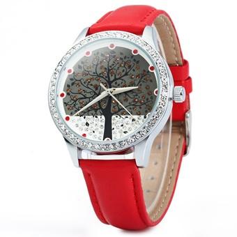 SKONE 5082 Women Quartz Imitation Diamond Wrist Watch with Tree Design Dial PU Strap (Red) - Intl  