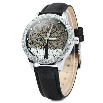 SKONE 5082 Women Quartz Imitation Diamond Wrist Watch with Tree Design Dial PU Strap (Black) - Intl  