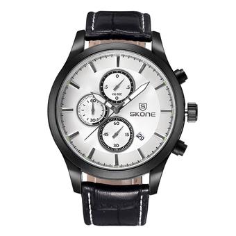 SKONE Brand New Arrival Men's Watches Genuine Leather Watch Fashion Casual Calendar Wristwatchâ€”Black White  