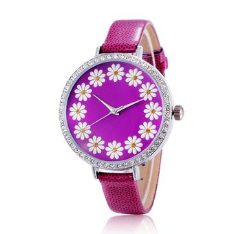 SKONE Hot Selling Leather Geneva Rose Flower Watch Luxury Brand Solid Analog Rhinestone Watch Women- Purple  