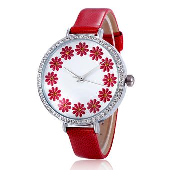 SKONE Hot Selling Leather Geneva Rose Flower Watch Luxury Brand Solid Analog Rhinestone Watch Women-Red  