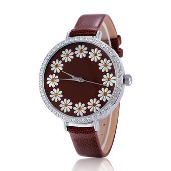 SKONE Hot Selling Leather Geneva Rose Flower Watch Luxury Brand Solid Analog Rhinestone Watch Women-Brown  