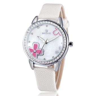 SKONE Luxury Brand Women Watch Rhinestone Leather Strap Shell Dial Clover Female Watch Hot Sale-White  