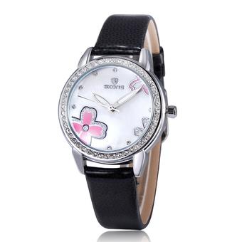 SKONE Luxury brand women watch rhinestone leather strap shell dial clover female watch hot sale-Black  