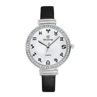 SKONE Women Casual Fashion Watches Leather Strap Black Silver 260402  