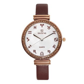 SKONE Women Casual Fashion Watches Leather Strap Coffee Gold 260403  