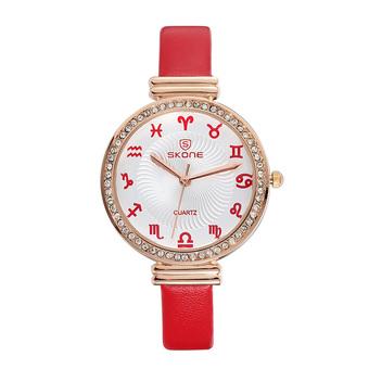 SKONE Women Casual Fashion Watches Leather Strap Red Gold 260401  