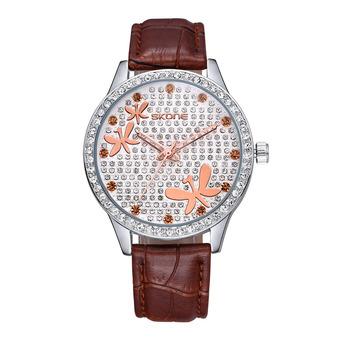 SKONE new authentic butterfly diamond decorative surface watch Lady leisure table quartz watch Leather Watch-Brown (Intl)  