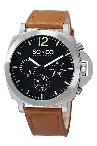 SO&CO New York Casual Jam Tangan Pria - Cokelat - Strap Genuine Leather & Contrast Stitching - 5022.3  