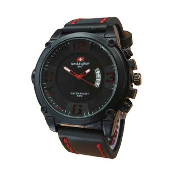 SWISS ARMY - JAM TANGAN PRIA - LEATHER STRAP -SA 4099 BLACK RED  