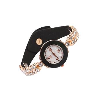 Sanwood Fashion Women's Dual Row Crystal Suede Analog Quartz Wrist Watch Black  