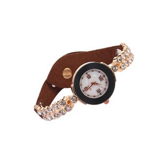 Sanwood Fashion Women's Dual Row Crystal Suede Analog Quartz Wrist Watch Brown  