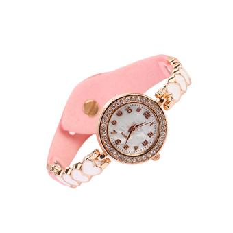 Sanwood Fashion Women's Heart Suede Analog Quartz Bracelet Bangle Wrist Watch Pink  