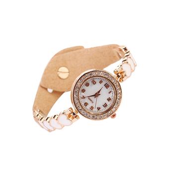 Sanwood Fashion Women's Heart Suede Analog Quartz Bracelet Bangle Wrist Watch Beige  