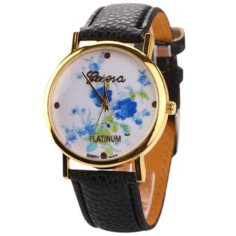 Sanwood Geneva Women's Faux Leather Blue Rose Flower Quartz Wrist Watch Black  