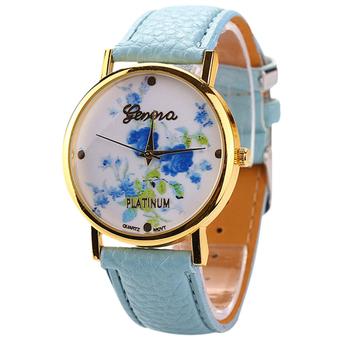 Sanwood Geneva Women's Faux Leather Blue Rose Flower Quartz Wrist Watch Light Blue  