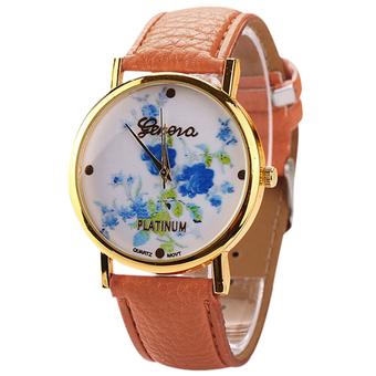 Sanwood Geneva Women's Faux Leather Blue Rose Flower Quartz Wrist Watch Coffee  