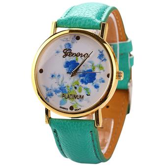 Sanwood Geneva Women's Faux Leather Blue Rose Flower Quartz Wrist Watch Mint Green  