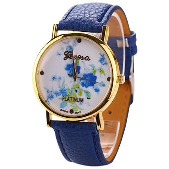 Sanwood Geneva Women's Faux Leather Blue Rose Flower Quartz Wrist Watch Dark Blue  