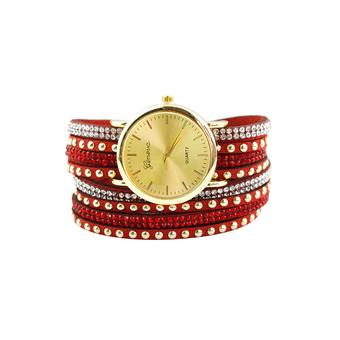 Sanwood Geneva Women's Faux Suede Rivets Rhinestone Wrap Wrist Watch Red  