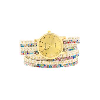 Sanwood Geneva Women's Faux Suede Rivets Rhinestone Wrap Wrist Watch Multi White  