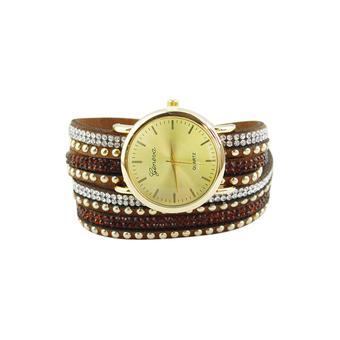 Sanwood Geneva Women's Faux Suede Rivets Rhinestone Wrap Wrist Watch Coffee  