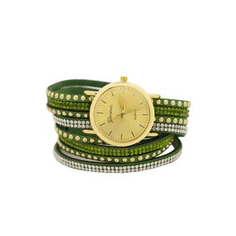 Sanwood Geneva Women's Faux Suede Rivets Rhinestone Wrap Wrist Watch Army Green  