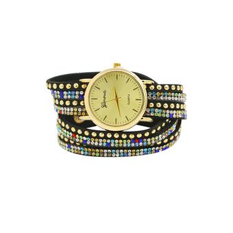 Sanwood Geneva Women's Faux Suede Rivets Rhinestone Wrap Wrist Watch Multi Black  