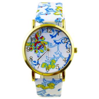 Sanwood Geneva Women's Flowers Pattern Faux Leather Analog Quartz Wrist Watch Yellow  