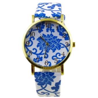 Sanwood Geneva Women's Flowers Pattern Faux Leather Analog Quartz Wrist Watch Blue  