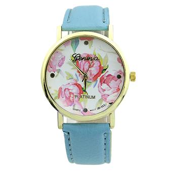 Sanwood Geneva Women's Rose Flower Faux Leather Analog Quartz Wrist Watch Light Blue  