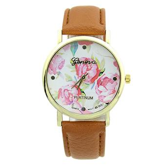 Sanwood Geneva Women's Rose Flower Faux Leather Analog Quartz Wrist Watch Light Coffee  