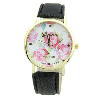 Sanwood Geneva Women's Rose Flower Faux Leather Analog Quartz Wrist Watch Black  