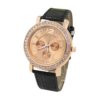 Sanwood Geneva Women's Rose Gold Plated Rhinestone 3 Sub-dials Wrist Watch Black  