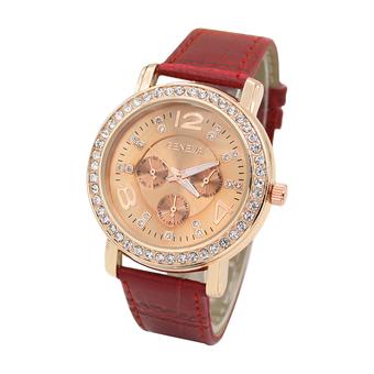 Sanwood Geneva Women's Rose Gold Plated Rhinestone 3 Sub-dials Wrist Watch Red  