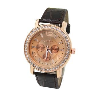 Sanwood Geneva Women's Rose Gold Plated Rhinestone 3 Sub-dials Wrist Watch Brown  