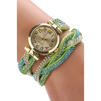 Sanwood Hot Women's Crystal Wrap Faux Suede Quartz Analog Bracelet Wrist Watch Green  