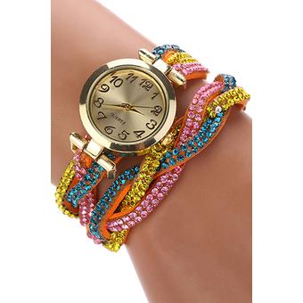 Sanwood Hot Women's Crystal Wrap Faux Suede Quartz Analog Bracelet Wrist Watch Orange  