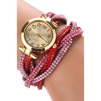 Sanwood Hot Women's Crystal Wrap Faux Suede Quartz Analog Bracelet Wrist Watch Red  