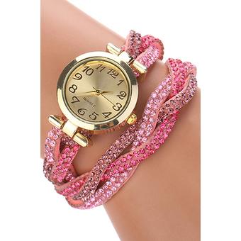 Sanwood Hot Women's Crystal Wrap Faux Suede Quartz Analog Bracelet Wrist Watch Pink  